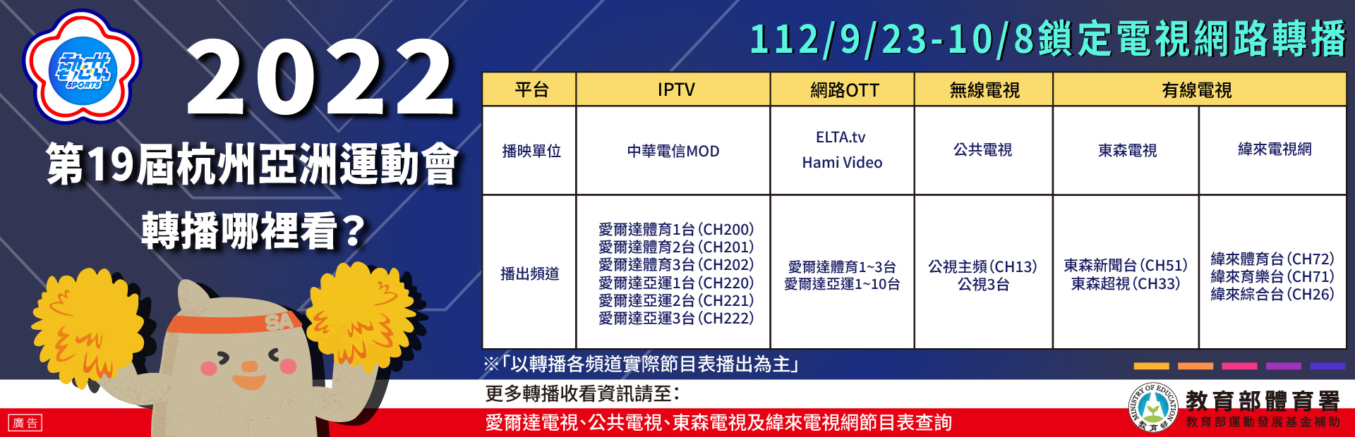 (圖)杭州亞運邁入倒數 電視網路同步直播 體育署攜手電視媒體為臺灣英雄加油